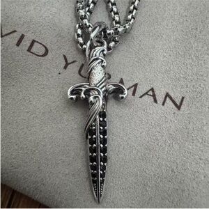 David Yurman Sterling Silver Dagger Pendant Necklace with Black Accents